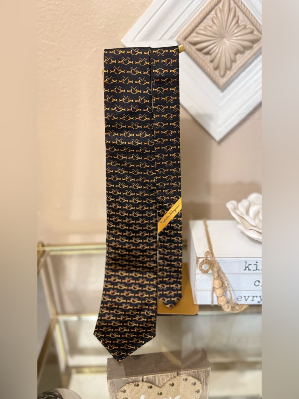 Vintage Salvatore Ferragamo Black and Gold Signature Pattern Men's Tie